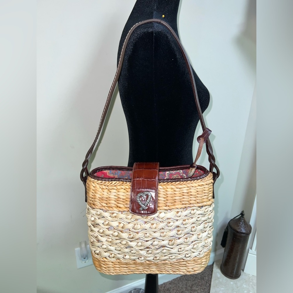 Brighton Woven Straw & Leather Shoulder Bag— Silver Heart Hardware Summer Style